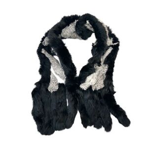 Elegant Black and Gray Vintage Platania 100% Rabbit Fur Fringe Scarf